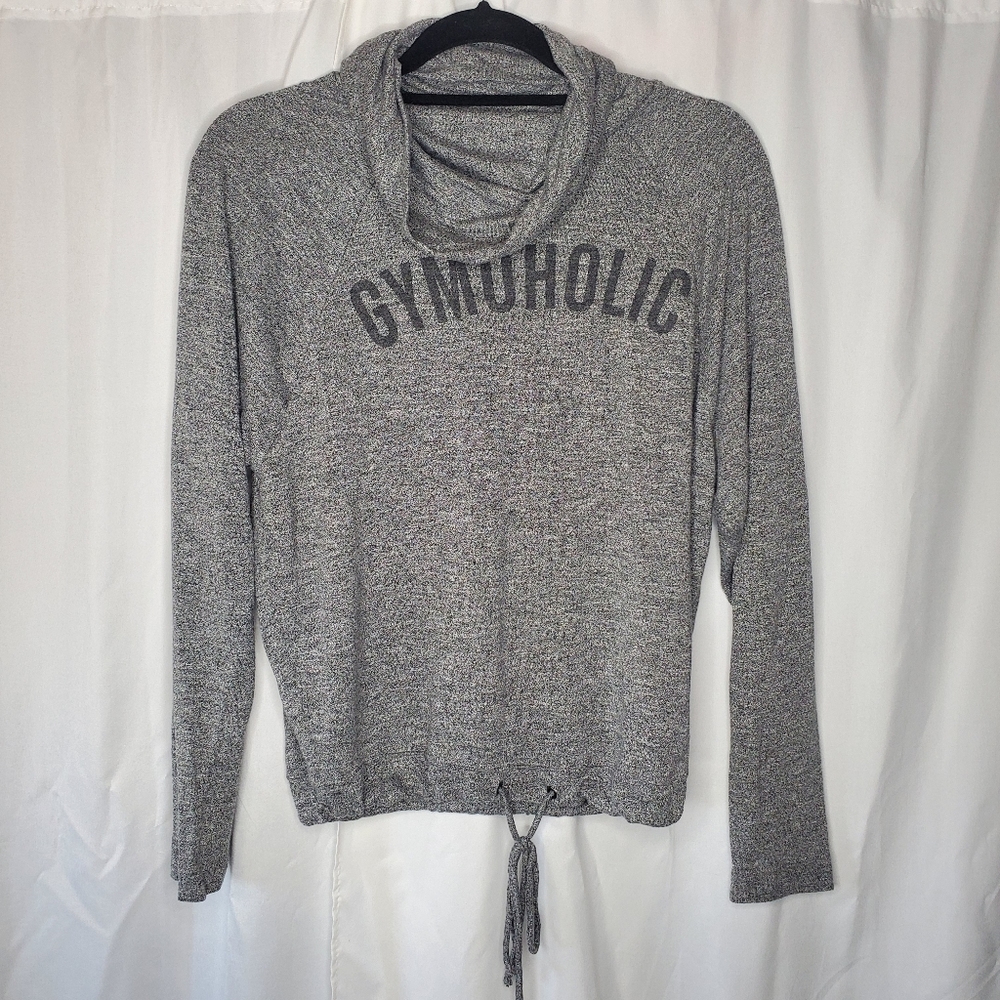 ♡ Oysho Cowlneck Hoodie Gymaholic Heather Gray Drawstring Waist Size Small